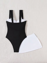 SHEIN New 2 Pieces Women's One-Piece Swimsuit With Wide Straps, Ruched Tummy Control