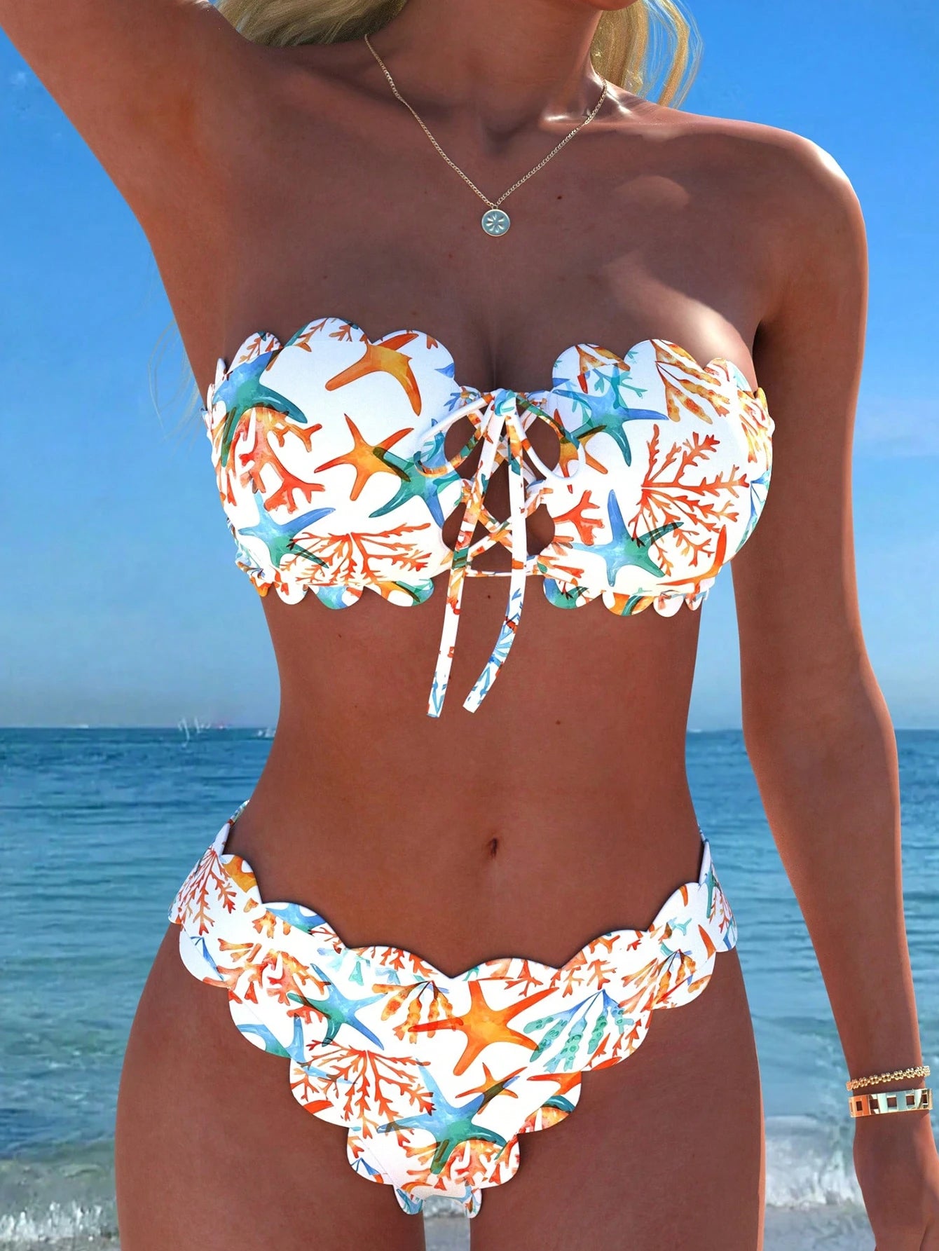 Woman wearing a colorful bikini with a beach background