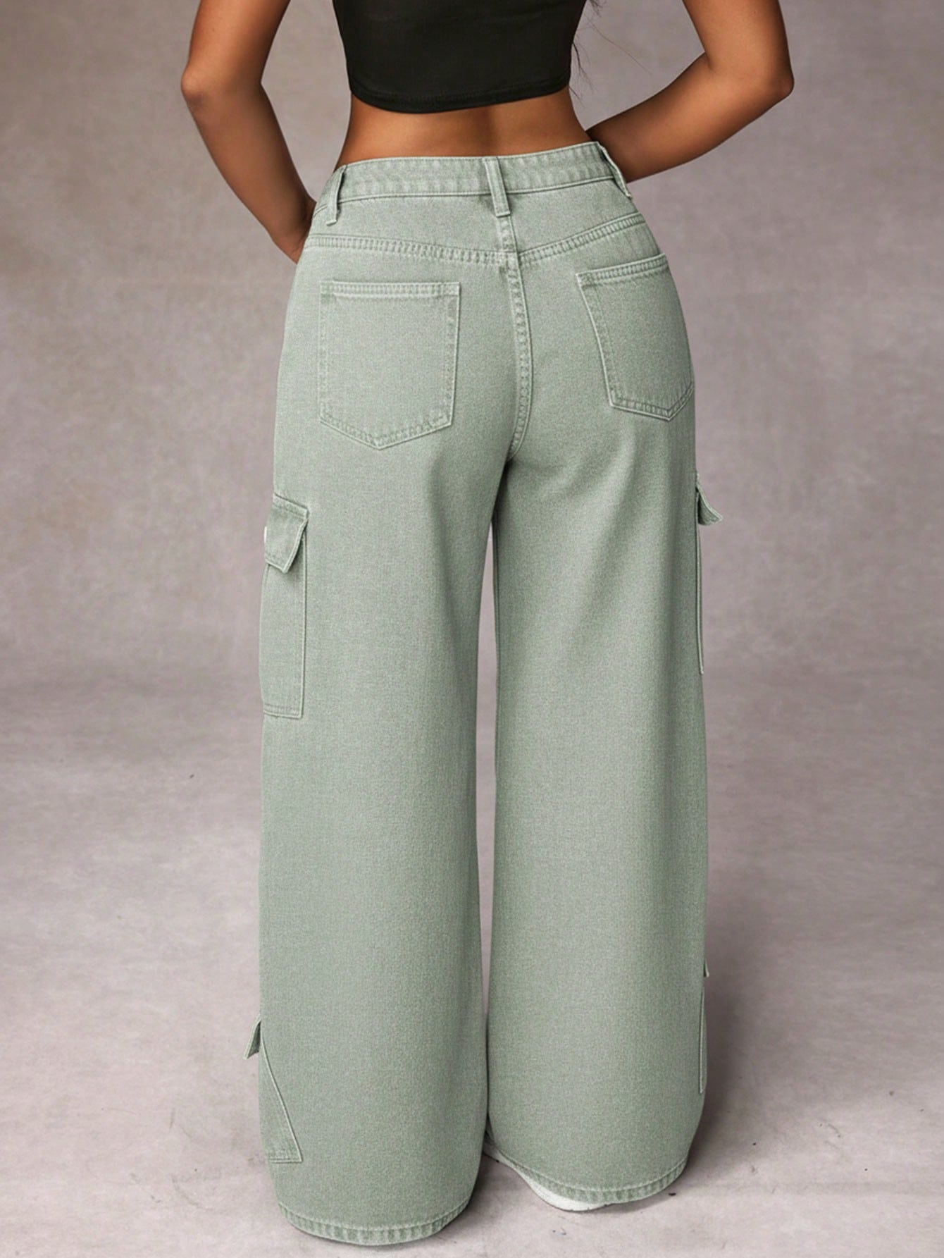 SHEIN PETITE Cargo Pocket Pleated Wide Leg Loose Casual Jeans