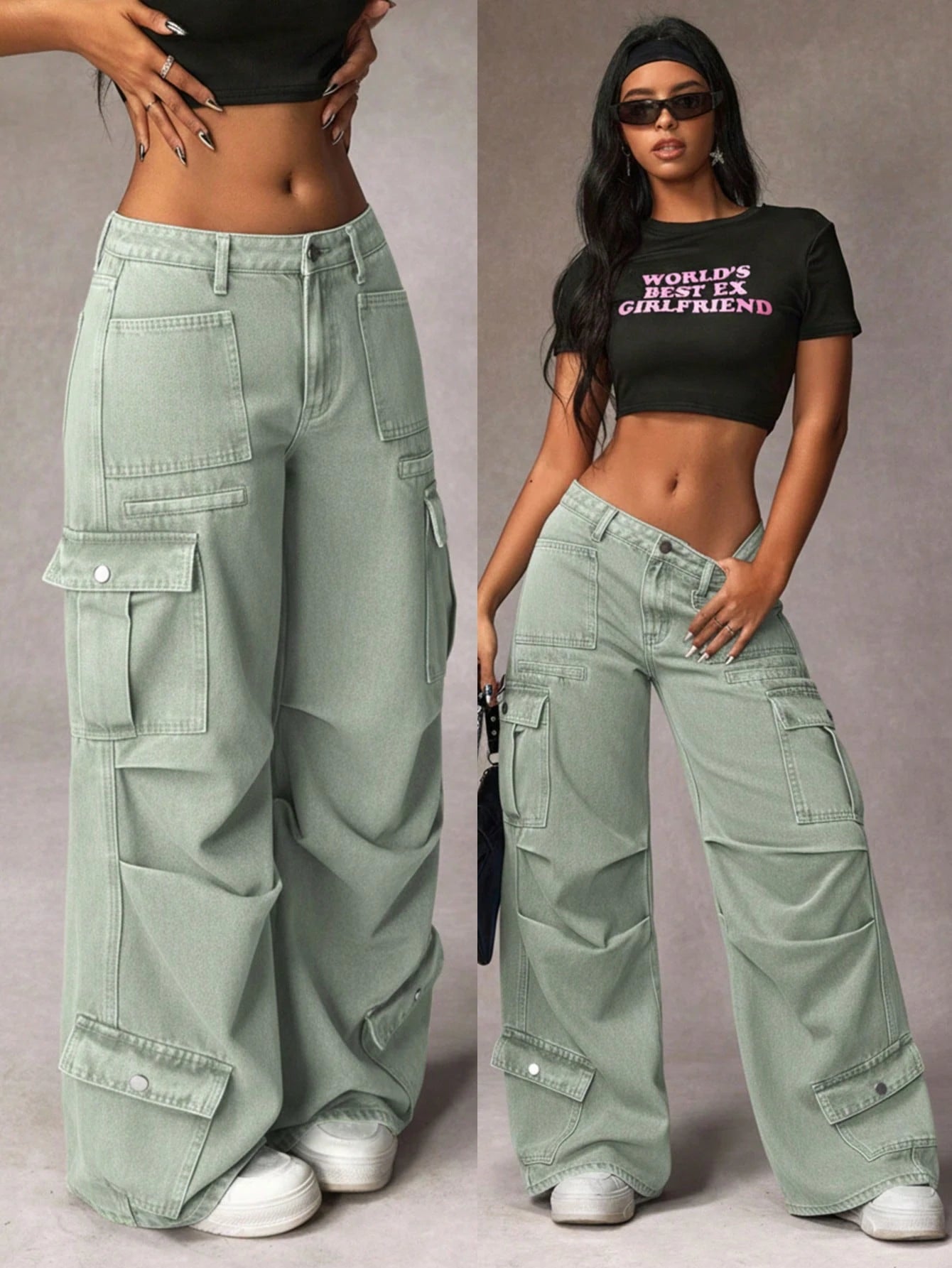 SHEIN PETITE Cargo Pocket Pleated Wide Leg Loose Casual Jeans