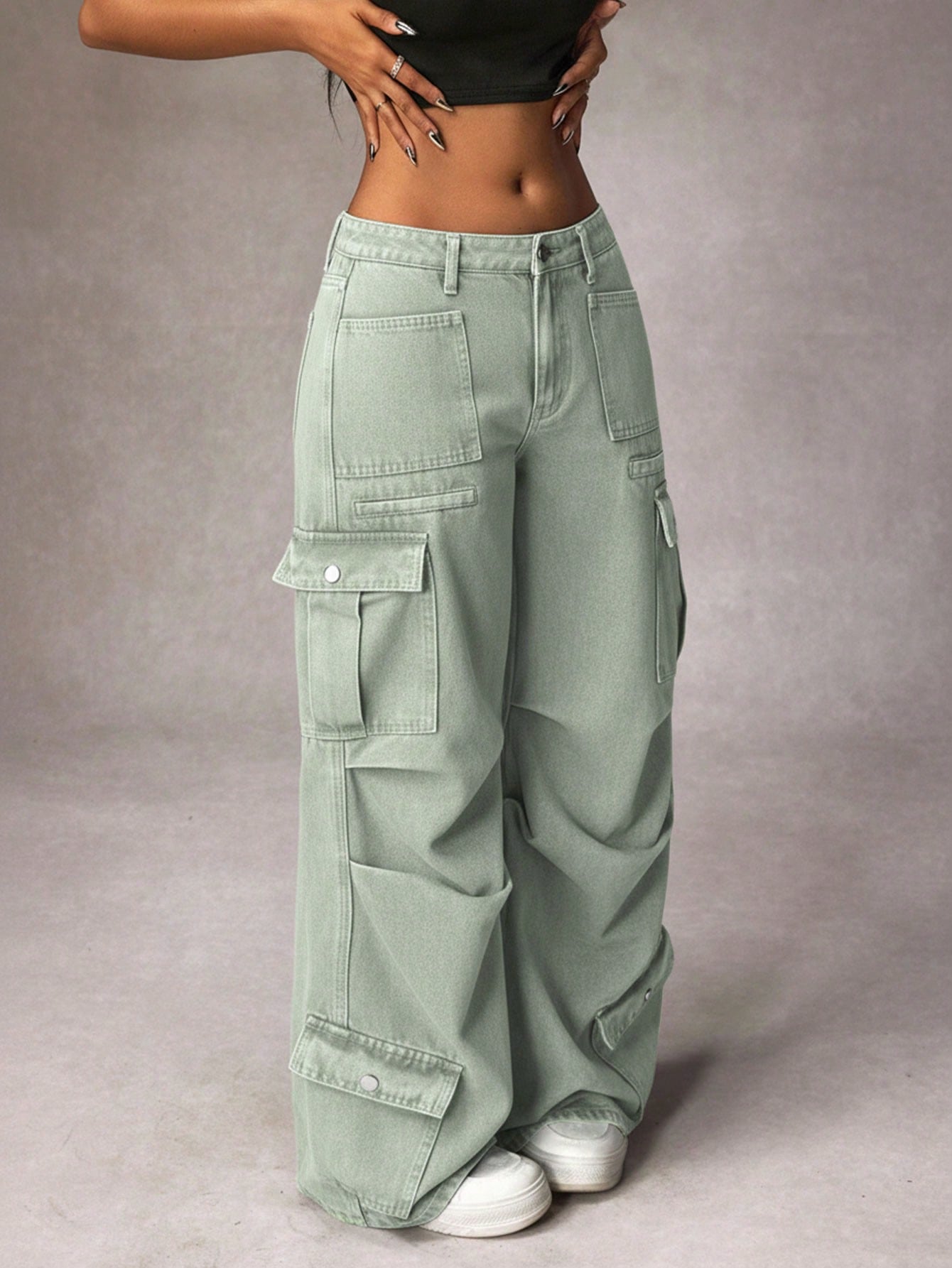 SHEIN PETITE Cargo Pocket Pleated Wide Leg Loose Casual Jeans