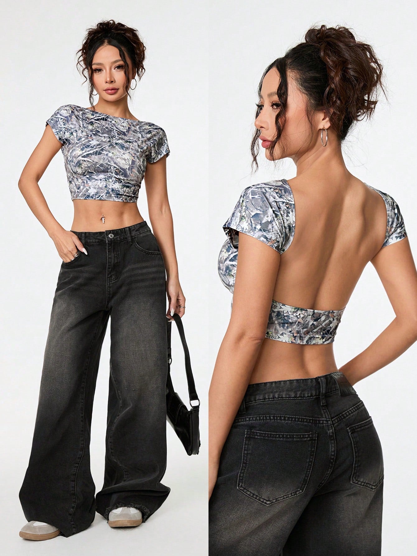 SHEIN PETITE Summer Retro Dead Branch Camouflage All-Over Sexy Backless High-Elastic Knitted Tight Short T-Shirt