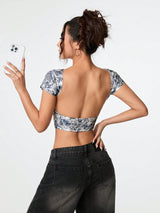 SHEIN PETITE Summer Retro Dead Branch Camouflage All-Over Sexy Backless High-Elastic Knitted Tight Short T-Shirt