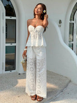 PariChic Women's Summer White Boho Elegant Brunch Holiday Hollow Embroidery Bandeau Top And Wide Leg Pants Set BY SHEIN 