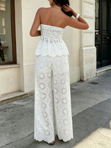 SHEIN PariChic Women's Summer White Boho Elegant Brunch Holiday Hollow Embroidery Bandeau Top And Wide Leg Pants Set