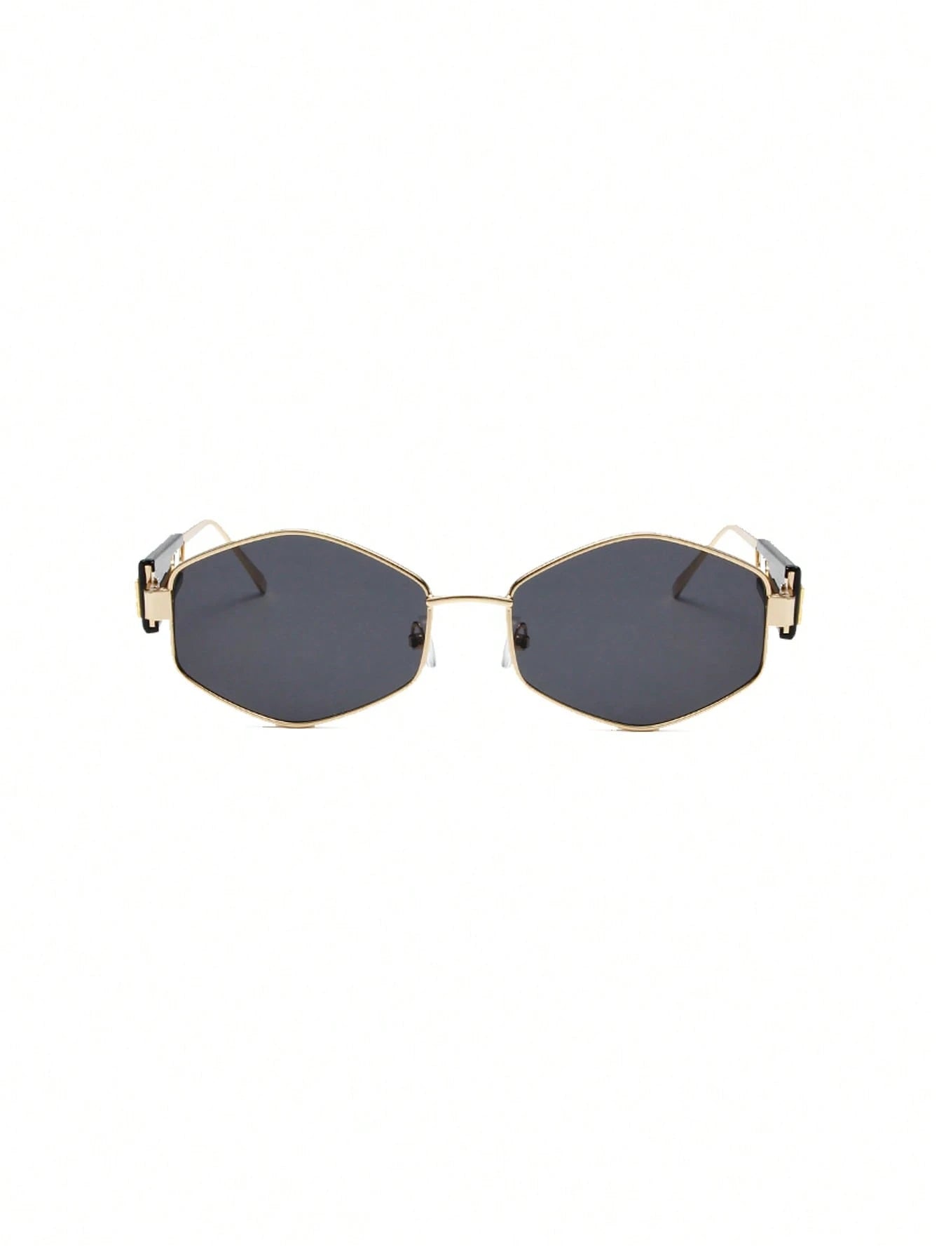 Hexagonal sunglasses with gold frame and dark lenses on a white background