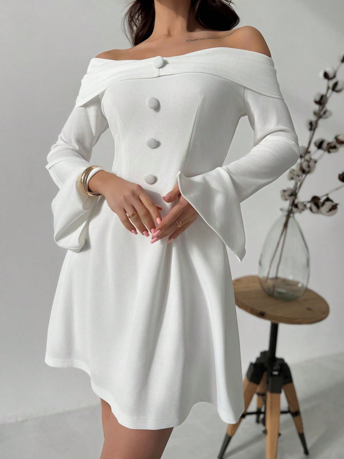 SHEIN Privé New White Off Shoulder Elegant A-Line Peplum Dress