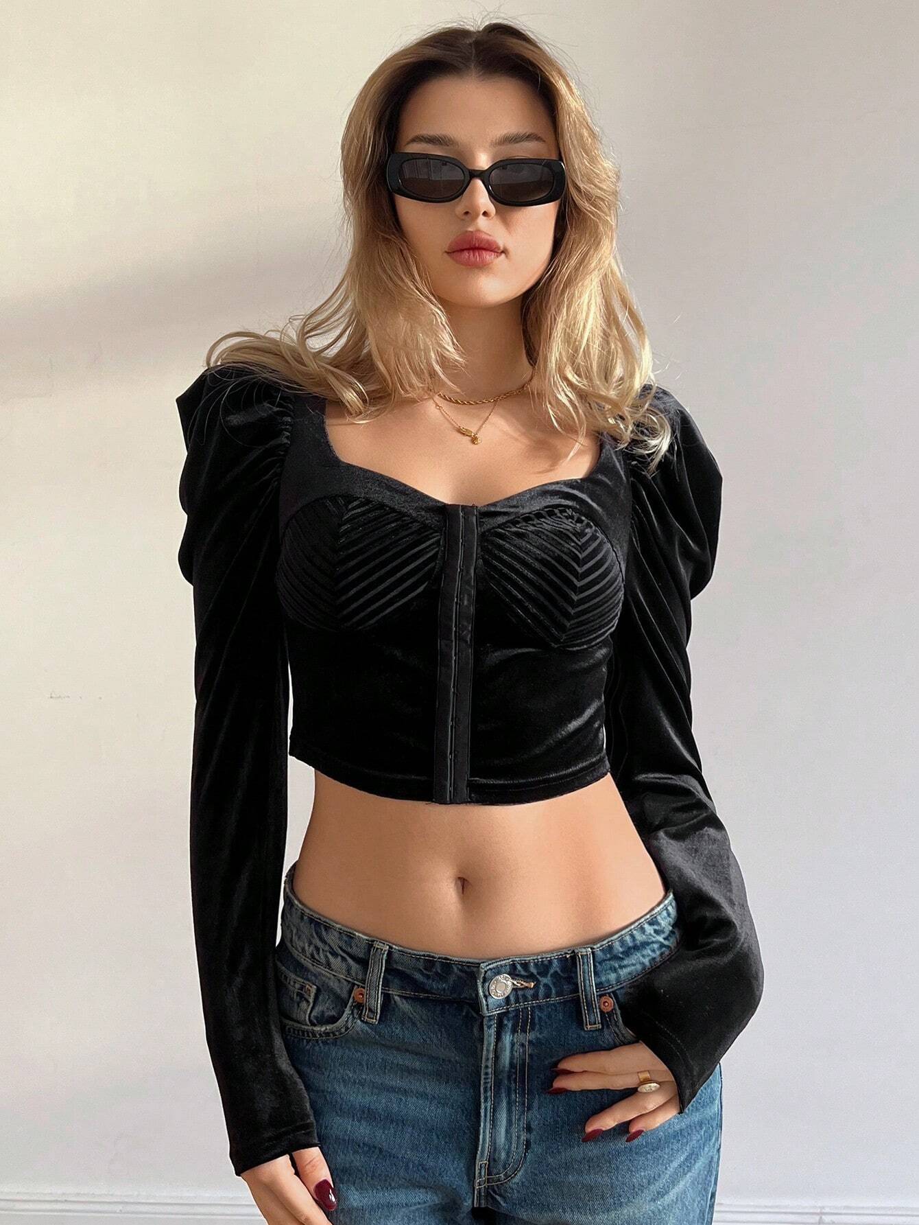 SHEIN Privé Women's Puff Sleeve Cropped T-Shirt With Sweetheart Neckline