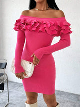 SHEIN Privé Women''s Solid Color Off Shoulder Ruffle Hem Dress