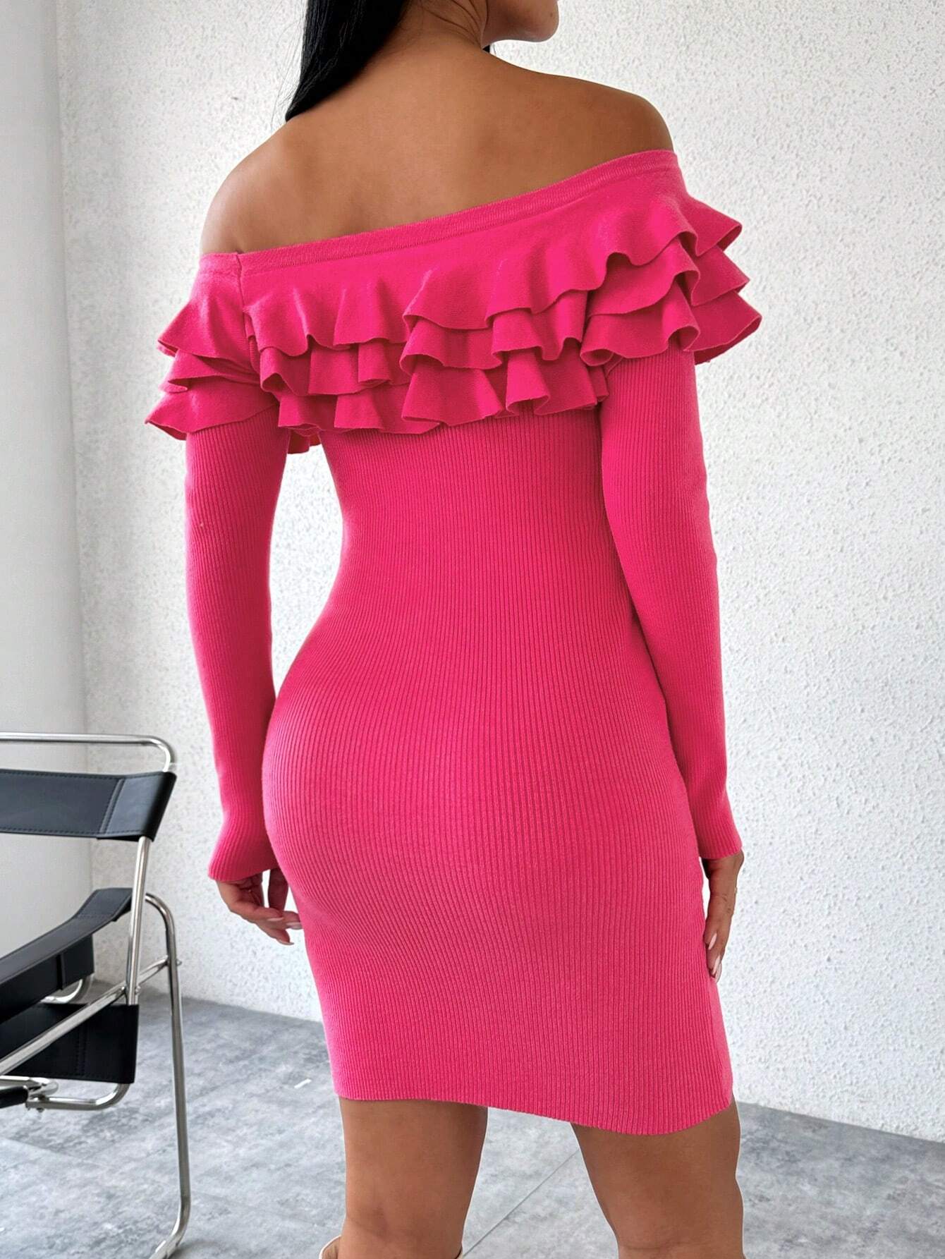 SHEIN Privé Women''s Solid Color Off Shoulder Ruffle Hem Dress