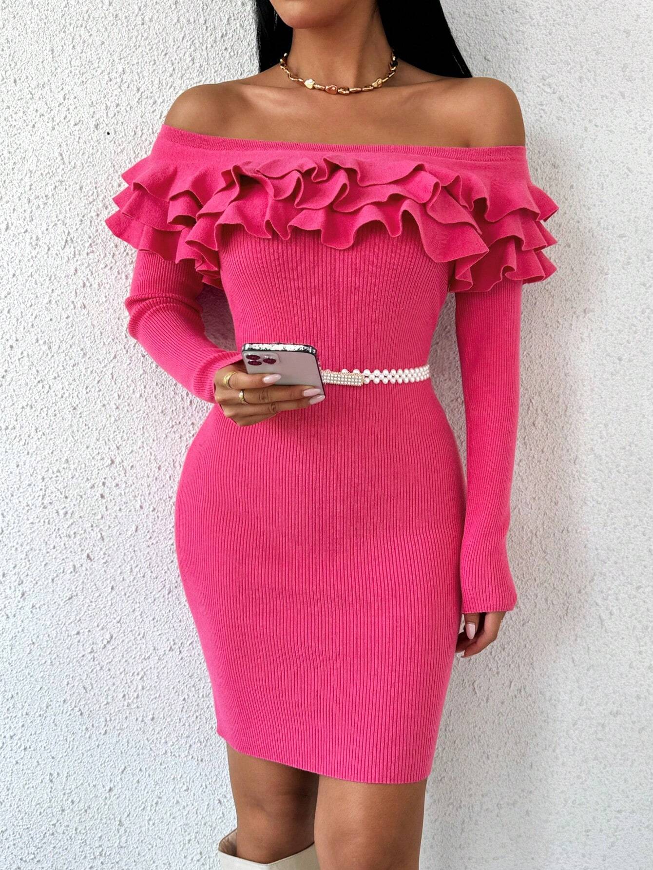 SHEIN Privé Women''s Solid Color Off Shoulder Ruffle Hem Dress