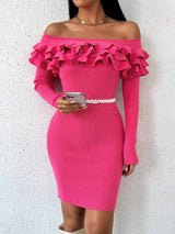 SHEIN Privé Women''s Solid Color Off Shoulder Ruffle Hem Dress