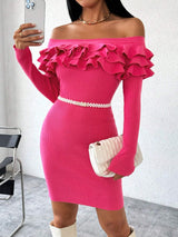 SHEIN Privé Women''s Solid Color Off Shoulder Ruffle Hem Dress