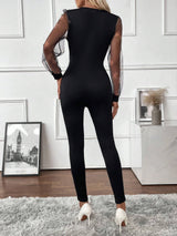 SHEIN Privé Women's Solid Deep V-Neck Mesh Splice Long Sleeve Jumpsuit