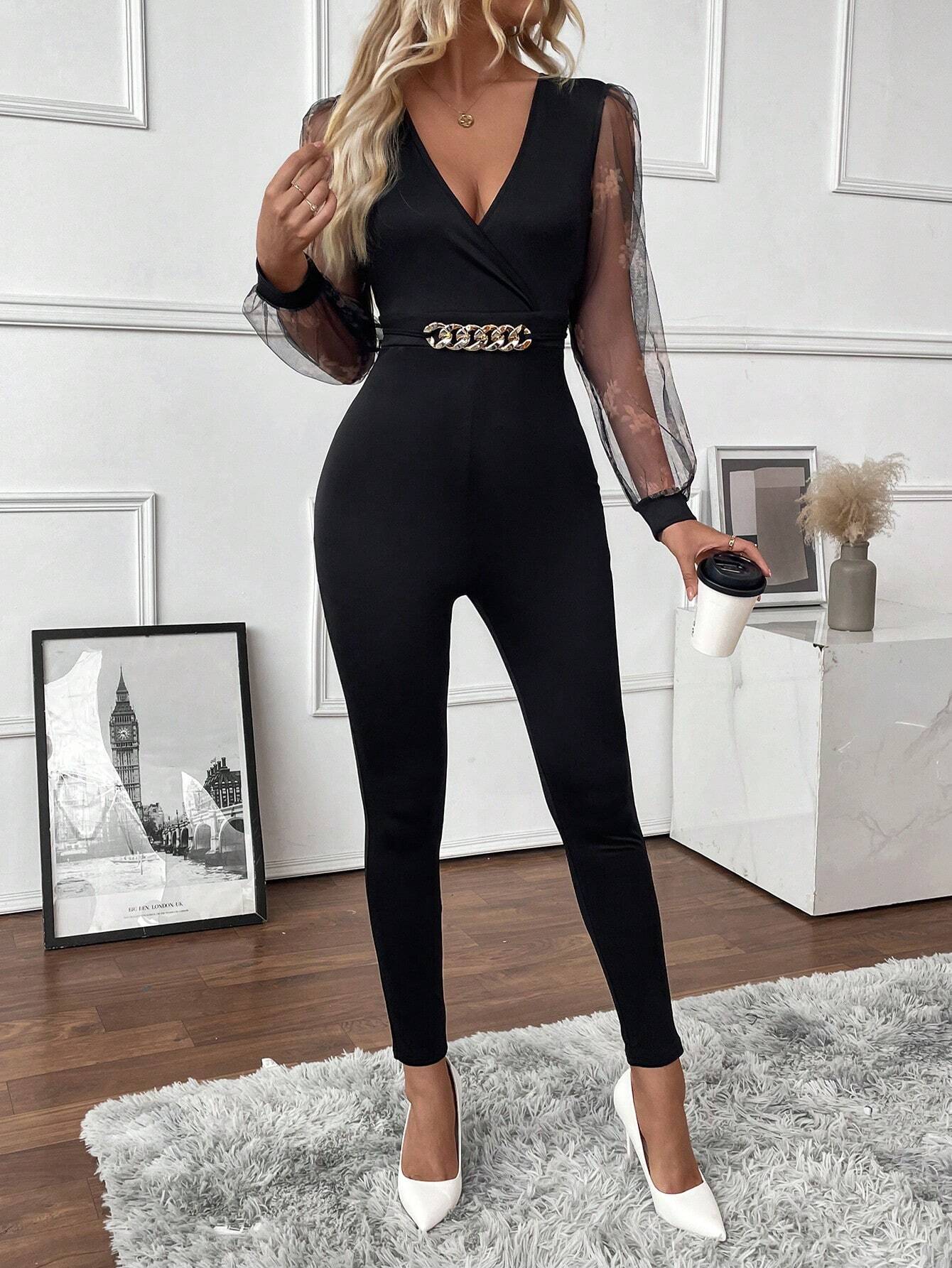 SHEIN Privé Women's Solid Deep V-Neck Mesh Splice Long Sleeve Jumpsuit