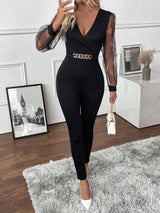 SHEIN Privé Women's Solid Deep V-Neck Mesh Splice Long Sleeve Jumpsuit
