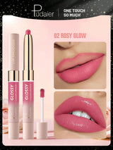 Pudaier Glossy lipstick packaging with pink lipstick and applicator, showing a close-up of lips wearing the product.