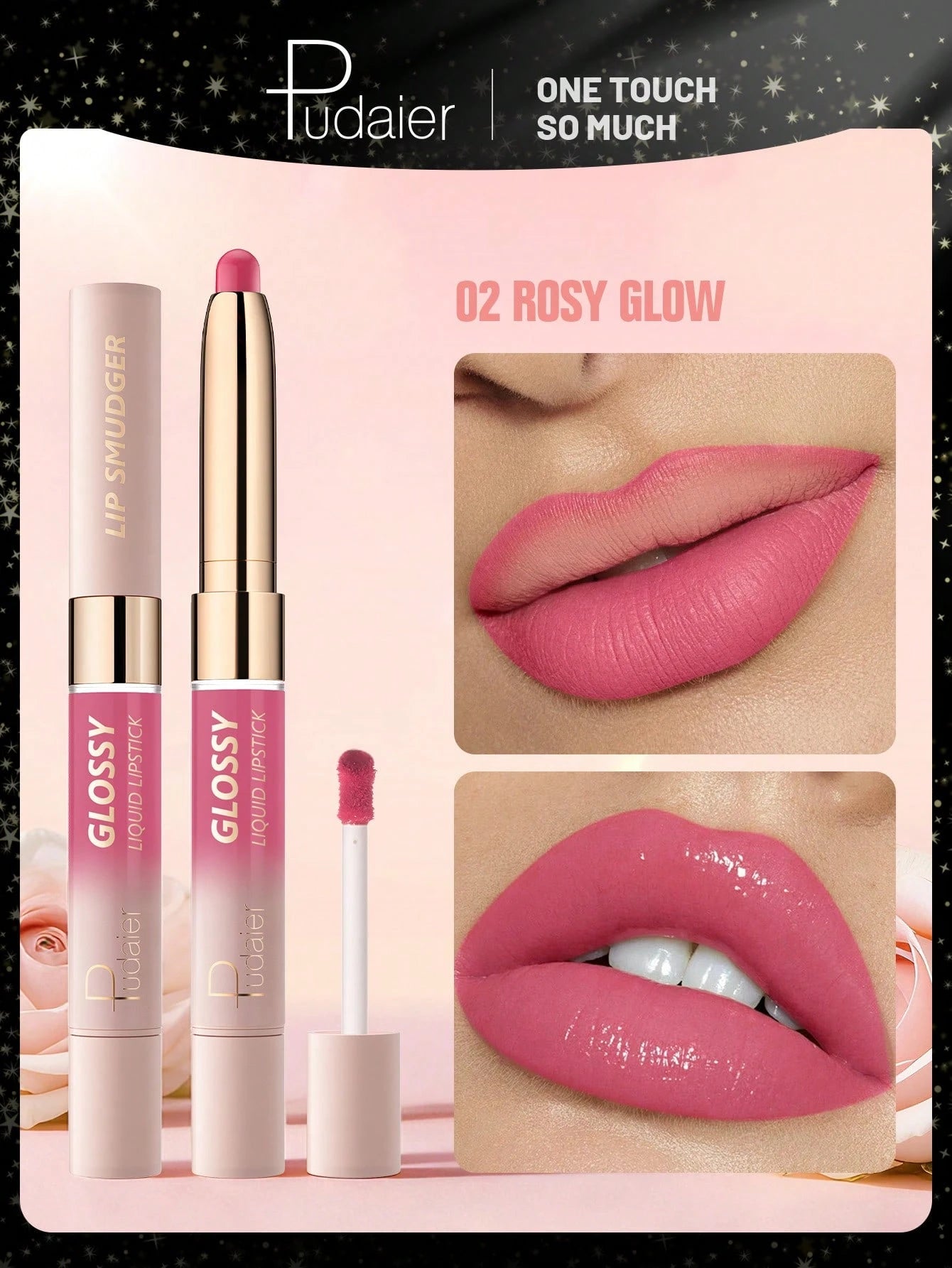 Pudaier Glossy lipstick packaging with pink lipstick and applicator, showing a close-up of lips wearing the product.