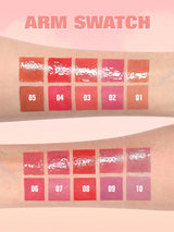 Lipstick swatches on an arm with color numbers labeled