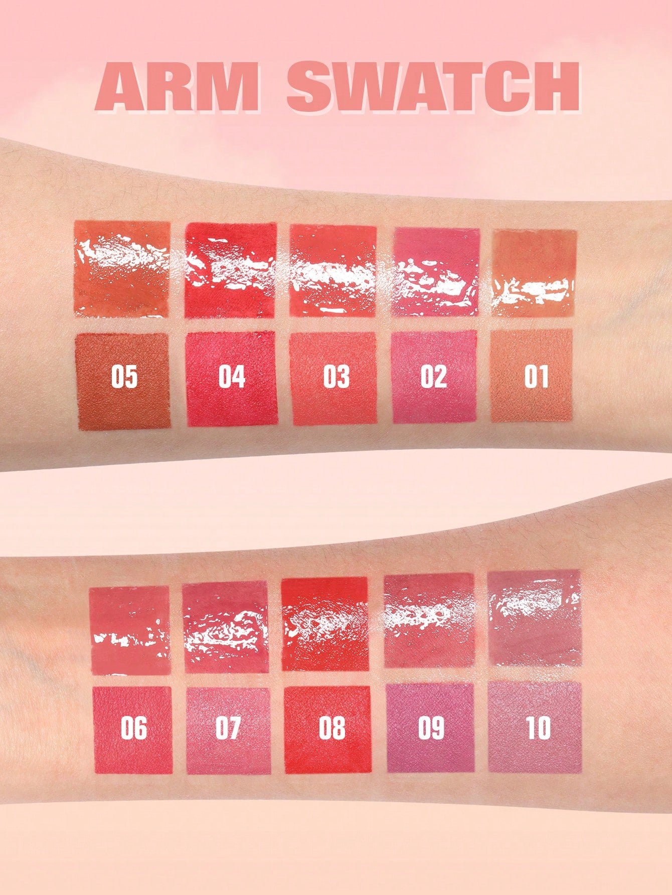 Lipstick swatches on an arm with color numbers labeled