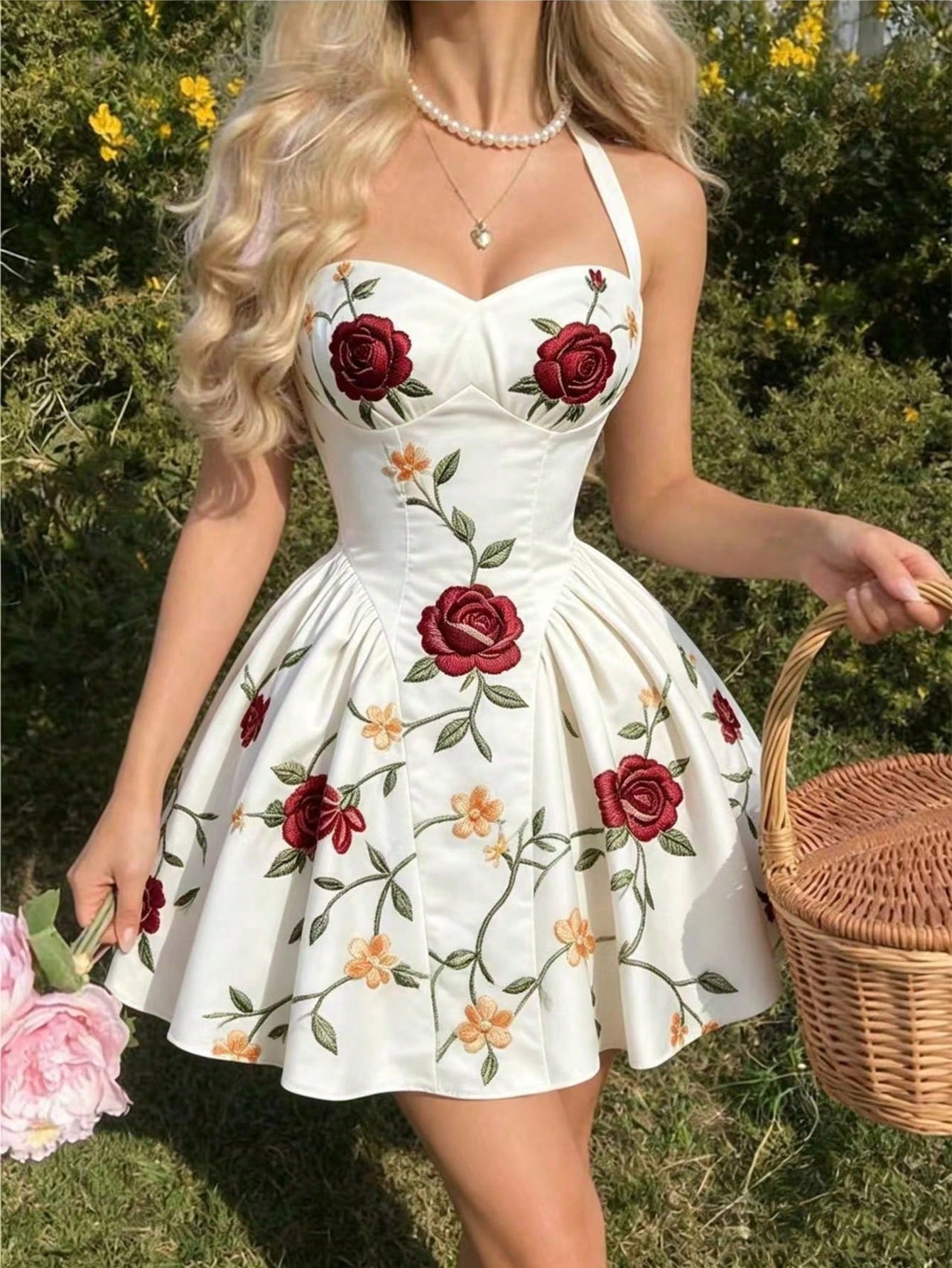 A woman wearing a white halter mini dress with red rose and yellow floral embroidery, holding a wicker basket and pink flowers in an outdoor garden setting.