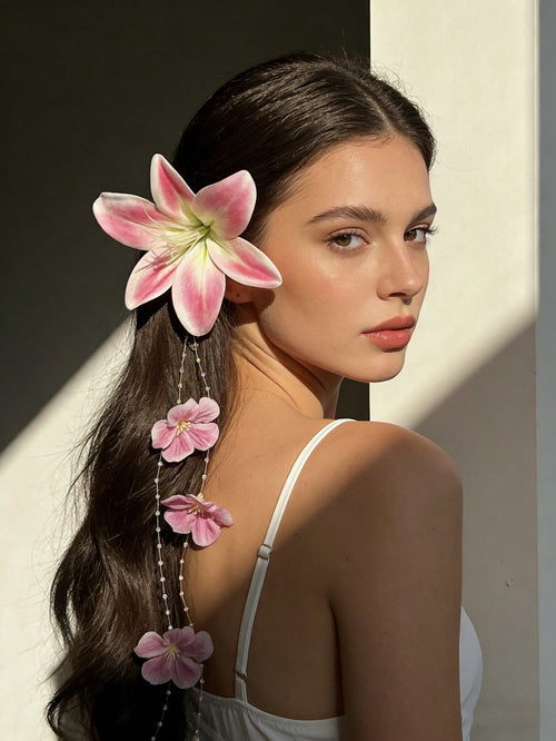 SHEIN Romantic Elegant Beige Floral Tassel Hair Clip