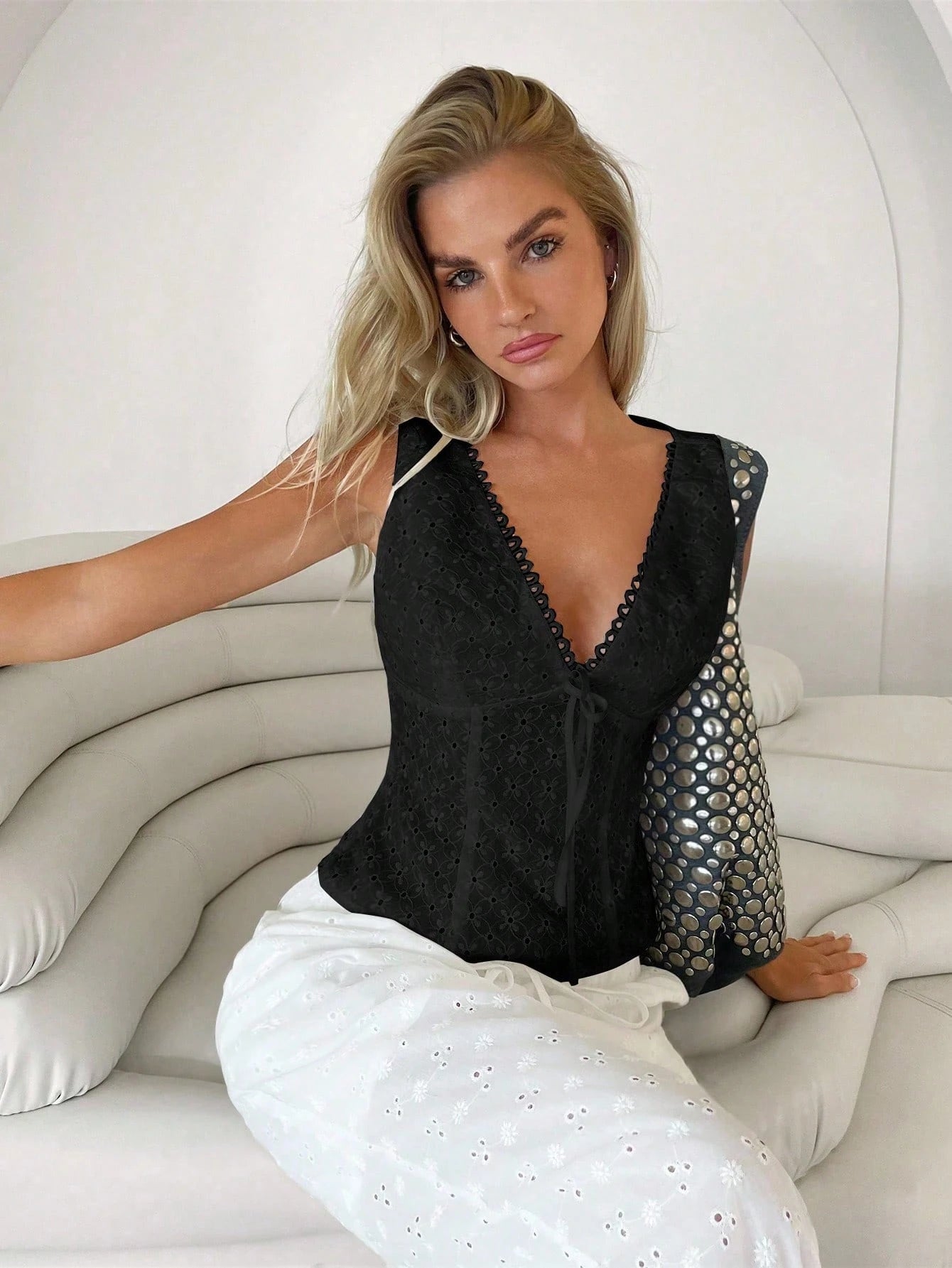 SHEIN Roylia V-Neck Sleeveless Hollow Out Embroidered Casual Vest