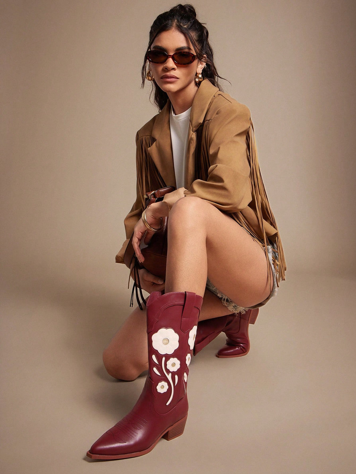SHUZIA New Women's Floral Embroidery Vegan Leather Pointed Toe Western Style Chic Cowboy Boots BY SHEIN 