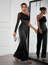 SHEIN SXY 1pc Sexy Mesh Contrast Asymmetric Sleeve Formal Jumpsuit For Women
