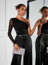 SHEIN SXY 1pc Sexy Mesh Contrast Asymmetric Sleeve Formal Jumpsuit For Women