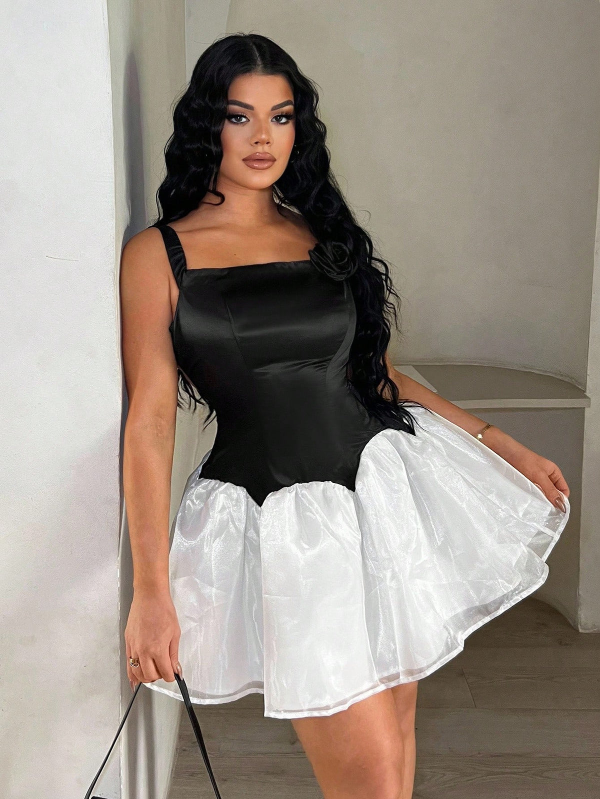 SXY Elegant Off Shoulder Black & White Contrast Puff Dress BY SHEIN 