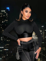 SHEIN SXY Mock Neck PU Leather Panel Crop Tee