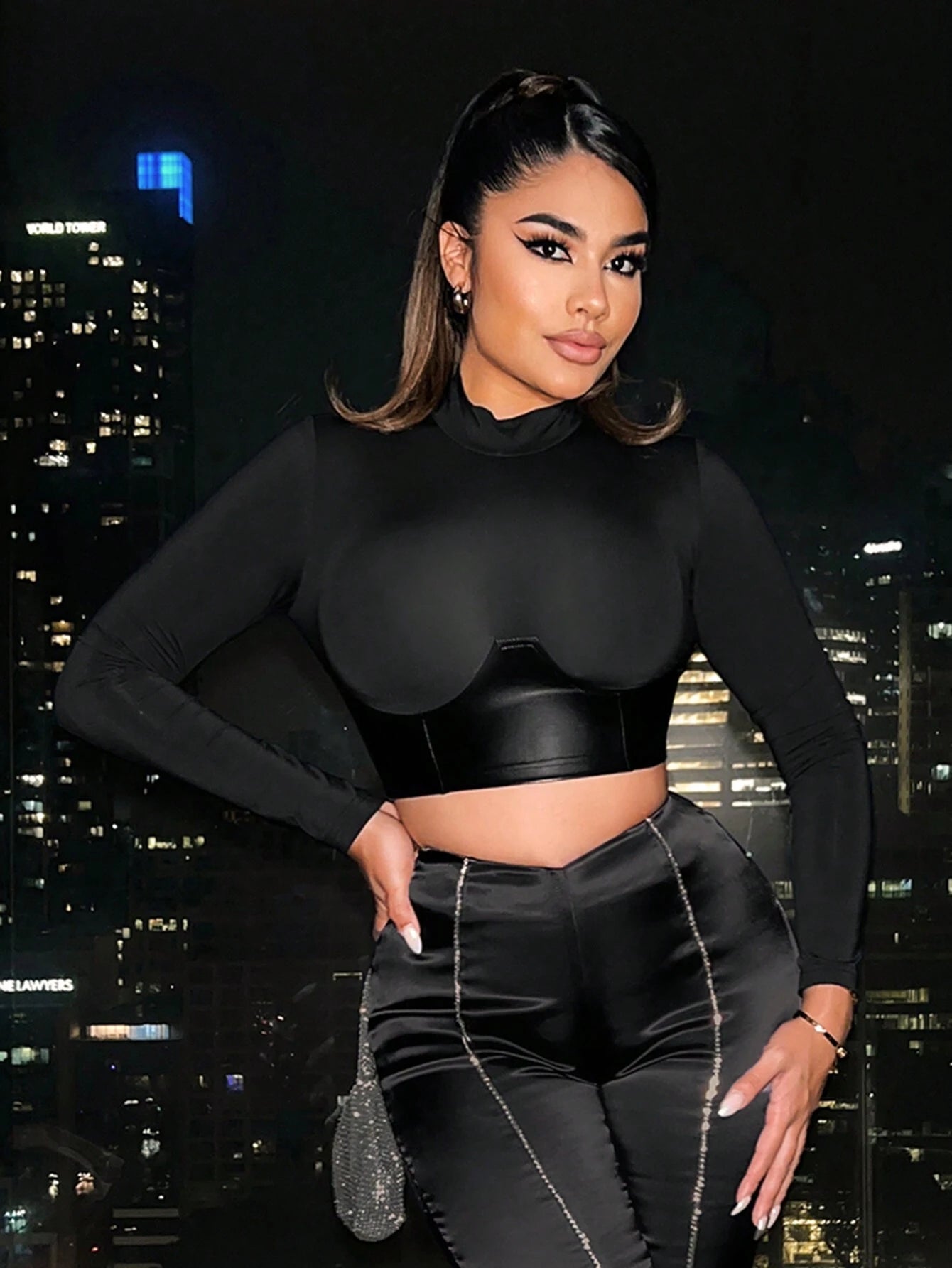 SHEIN SXY Mock Neck PU Leather Panel Crop Tee