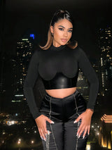 SHEIN SXY Mock Neck PU Leather Panel Crop Tee