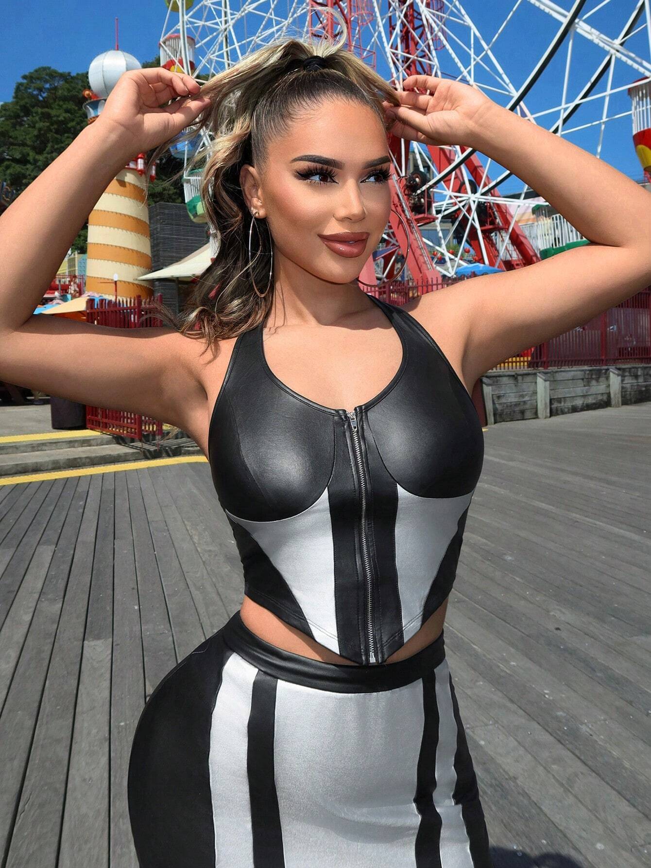 SHEIN SHEIN SXY Music Festival Country Concert Casual Summer Colorblock Zipper V-Neck Sleeveless Top