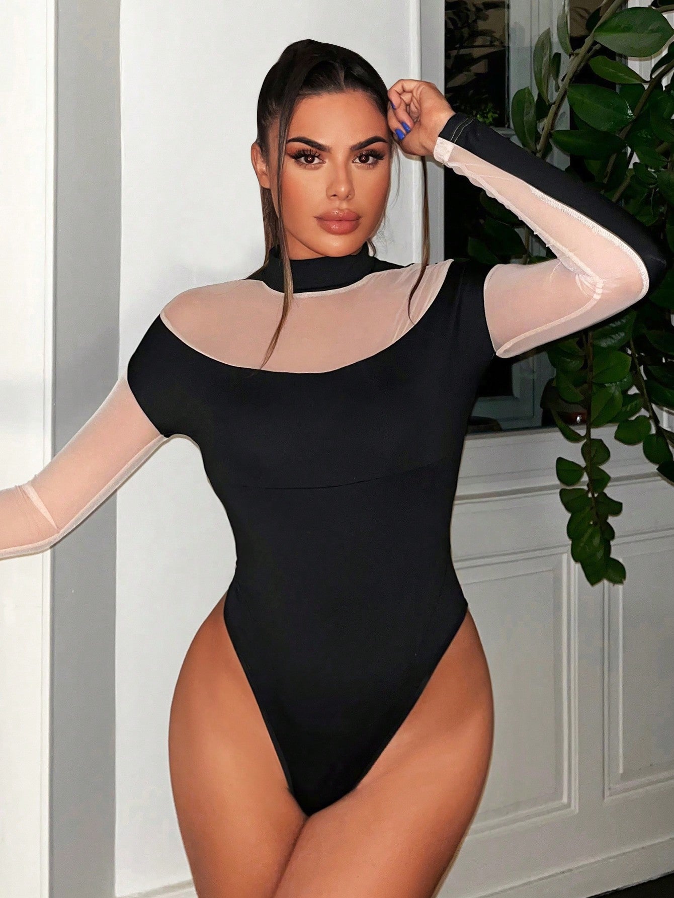 SHEIN SXY Two Tone Mock Neck Bodysuit