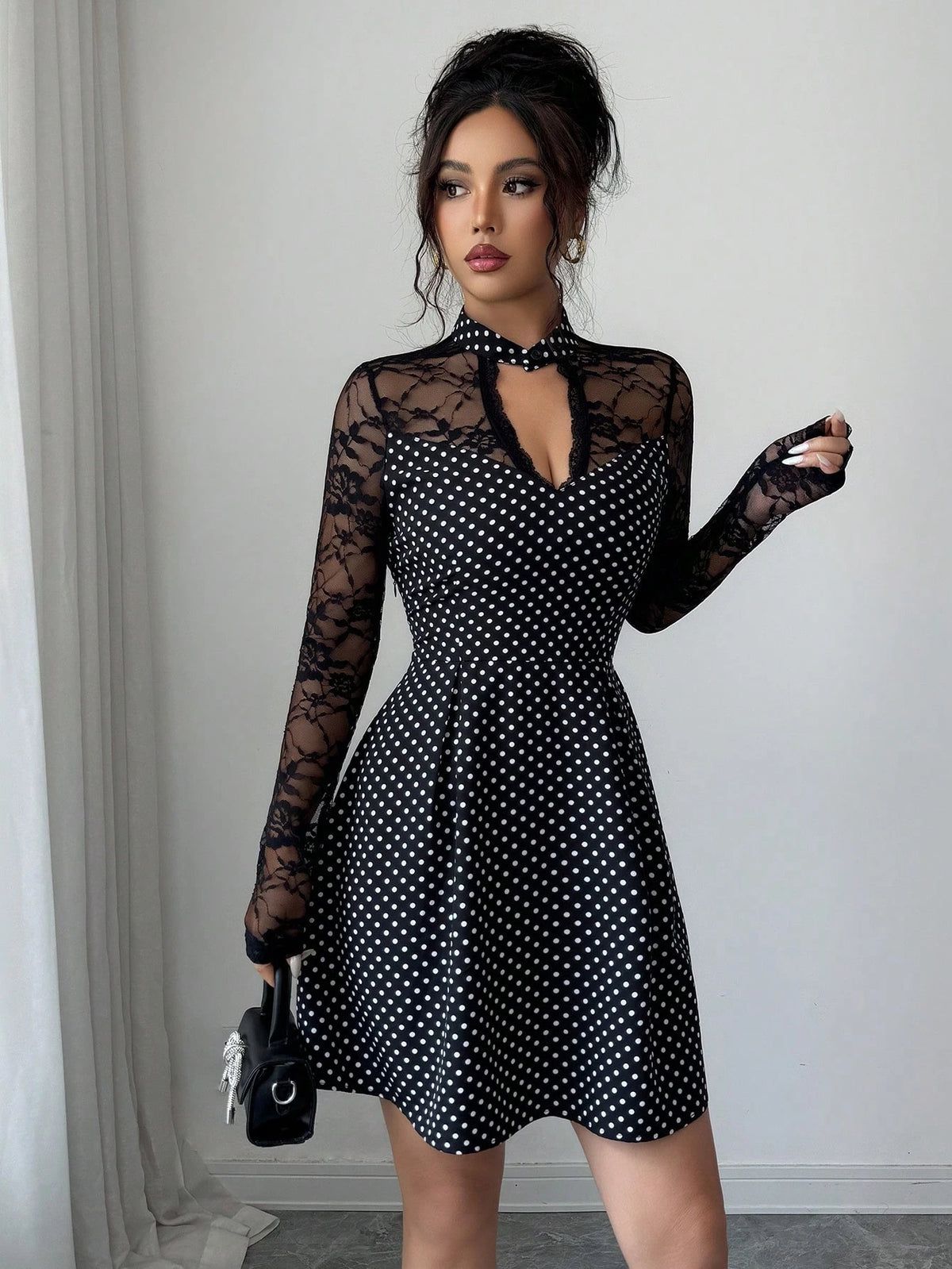 Selianne Elegant 70s Retro 90s Vintage Vacation Collar Black And White Polka Dot Dress BY SHEIN 