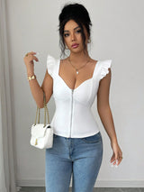 Selianne Women's Elegant White Sleeveless Top, Fitted Casual Sexy Zipper Ruffle Sleeve Ladies Tank Top BY SHEIN
