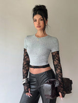 Siren Gaze Women's Autumn Lace Patchwork 2 In 1 Layering T-Shirt Brunch Night Out Dark Grey Elegant BY SHEIN 