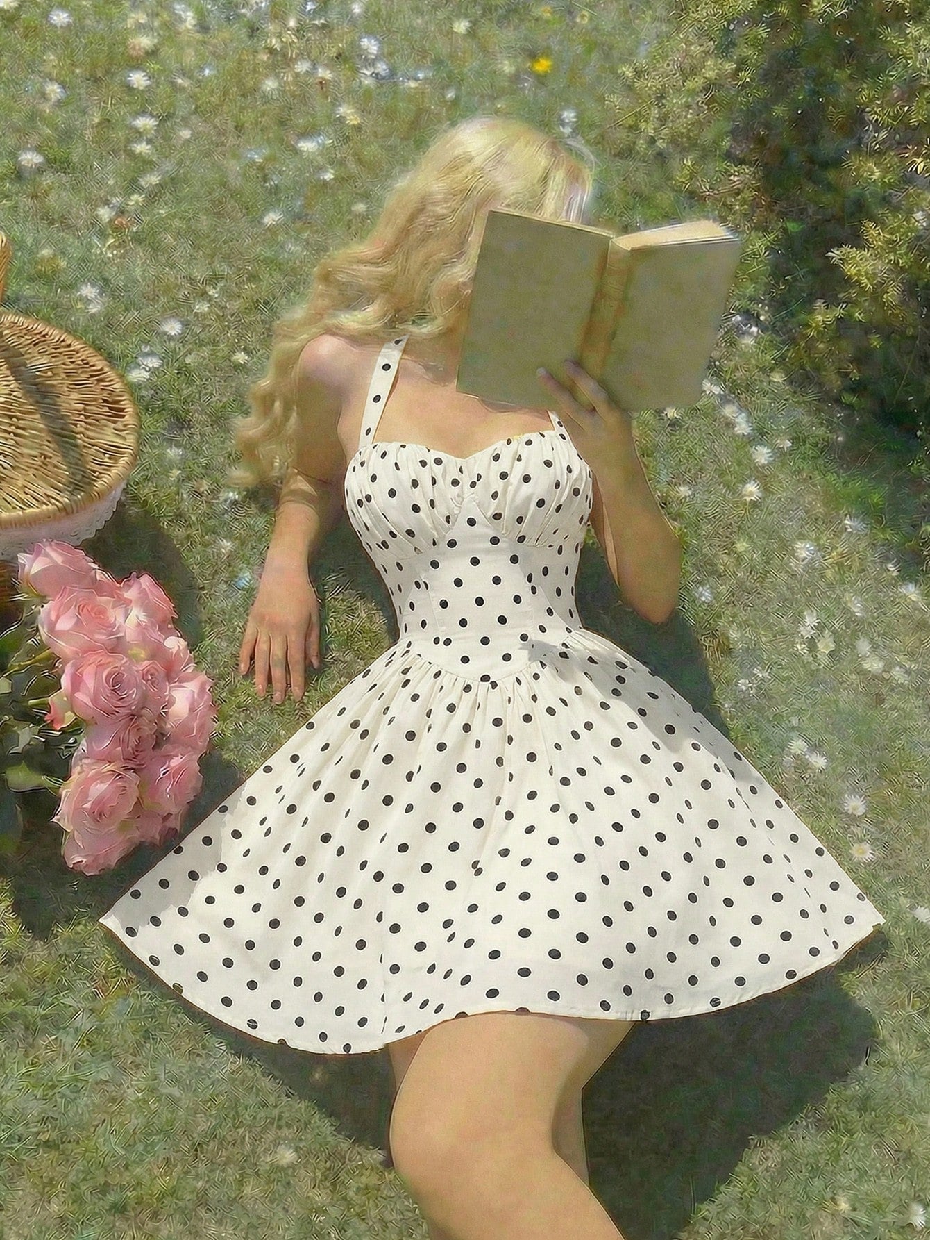 A woman lying on grass outdoors, reading a book. She is wearing a white sleeveless dress with black polka dots.