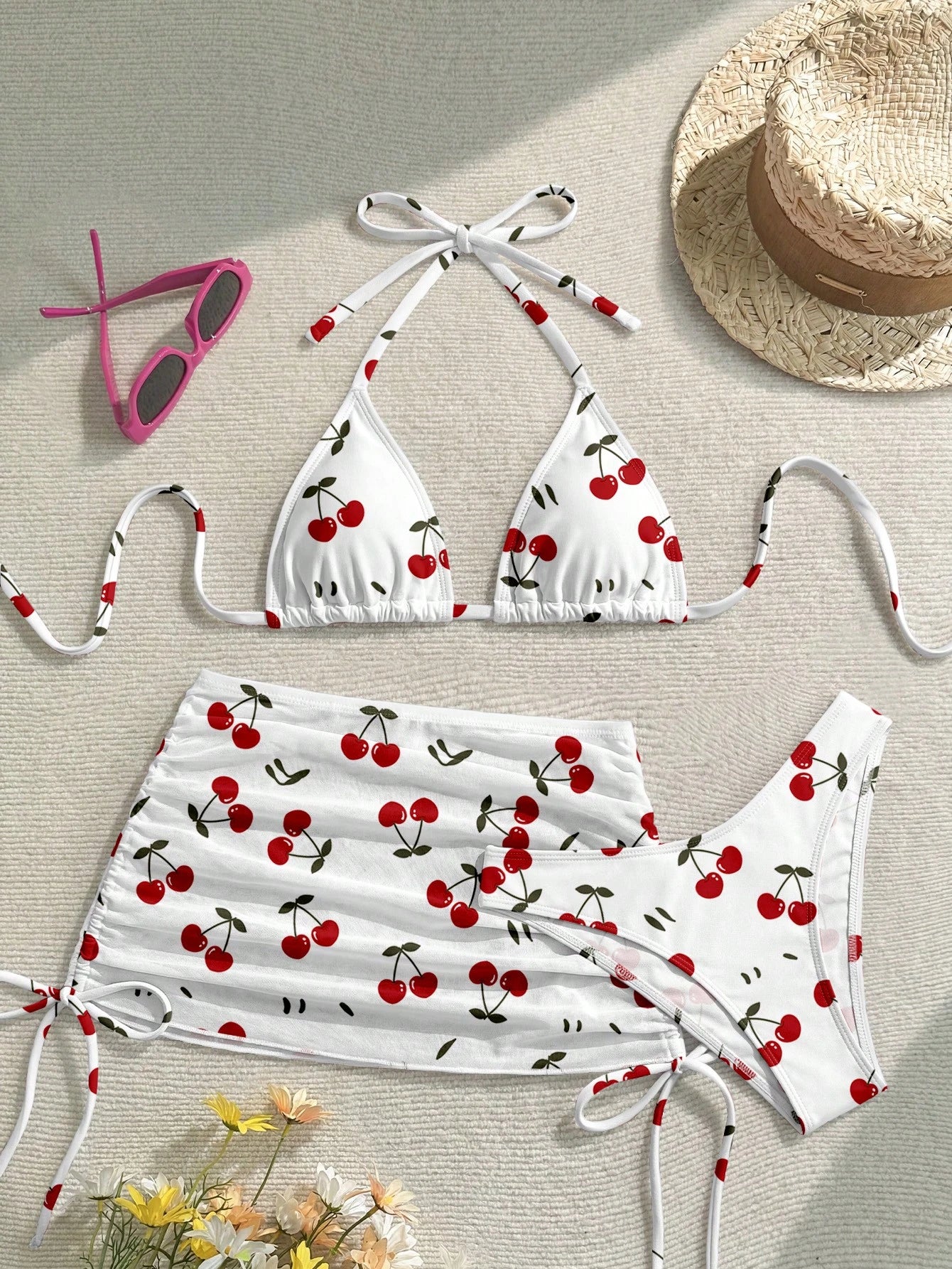 Soleia Casual Minimalist Cute Cherry Print Pattern Women's Swimwear Set BY SHEIN 