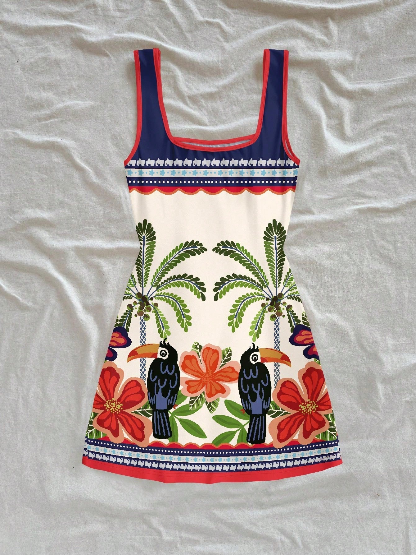 Colorful dress with tropical patterns on a white background