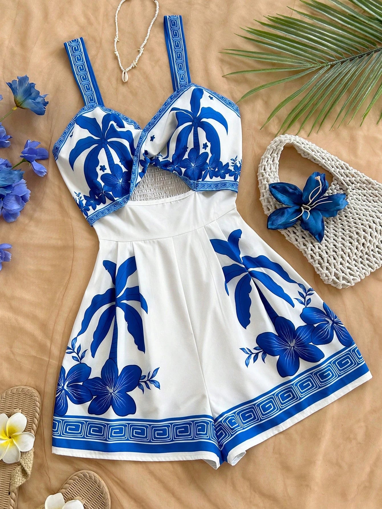 Soleia Women's Vacation Palm Tree Print Cutout Waist Jumpsuit Summer Outfit For Women Floral Holiday Casual Clothes Carnival BY SHEIN 