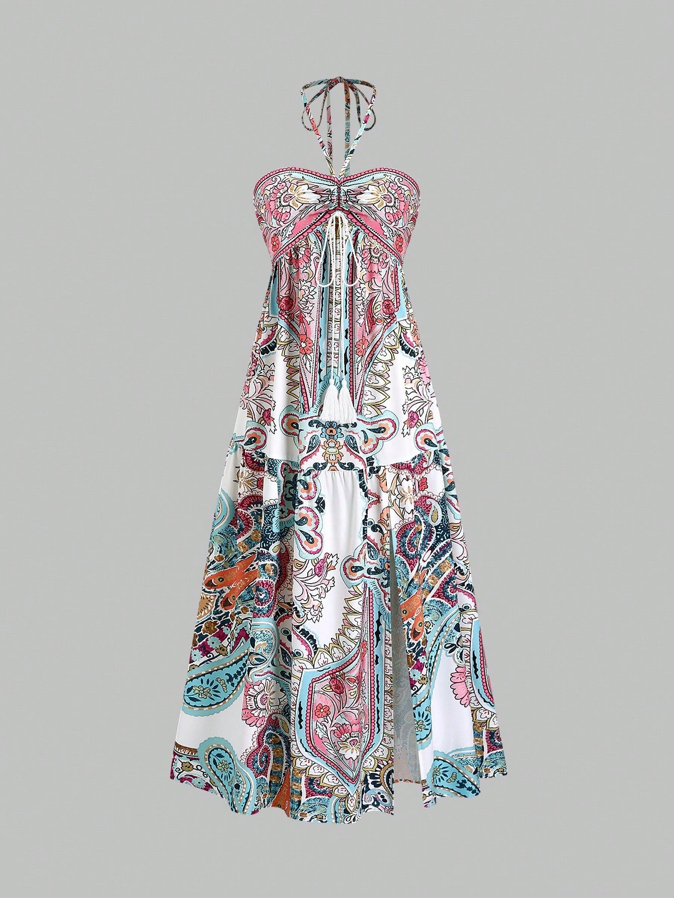 Colorful strapless dress with a pattern on a gray background
