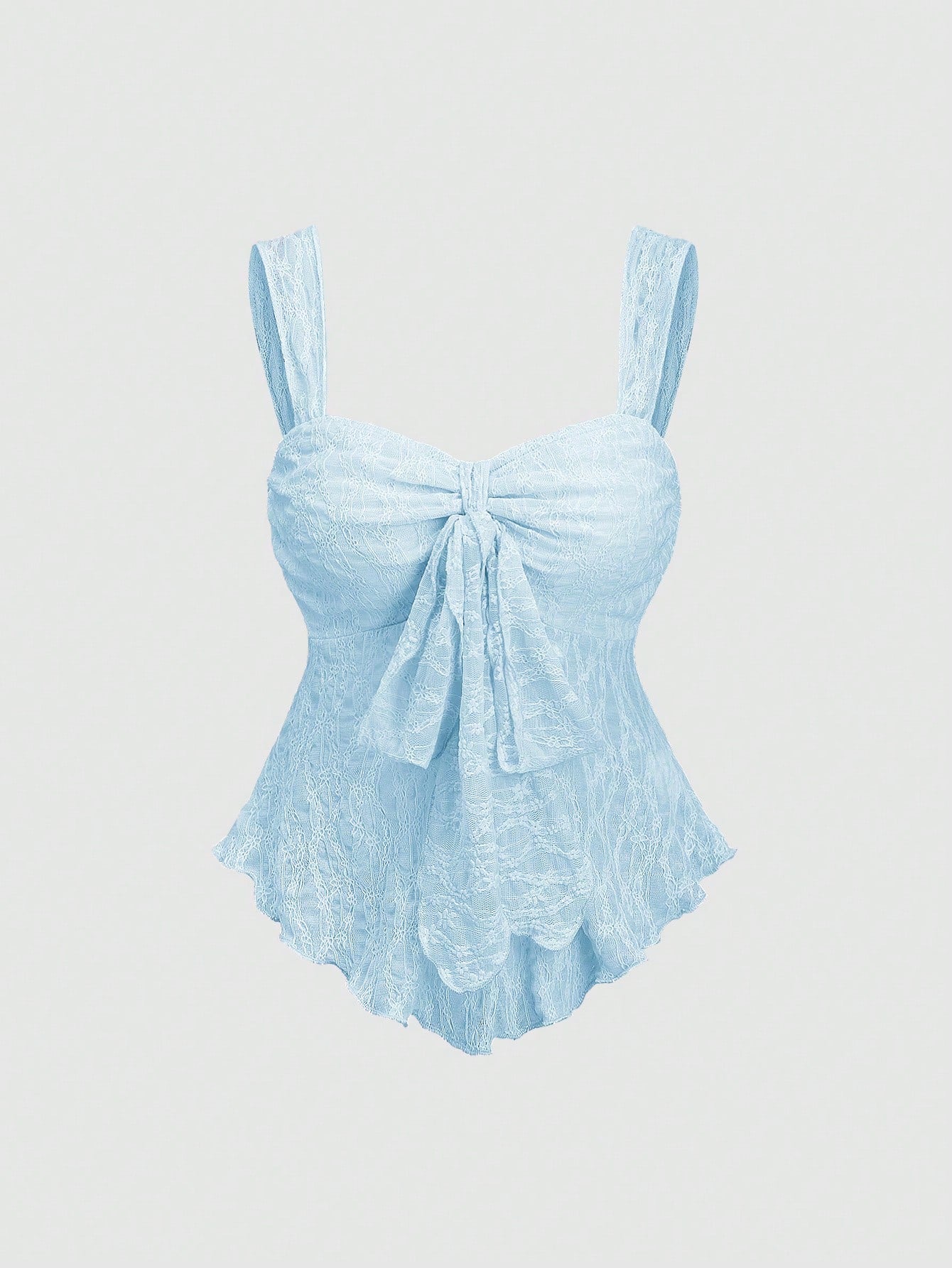 A light blue textured lace top with wide shoulder straps, a sweetheart neckline, and a large front bow, shown against a plain light gray background.