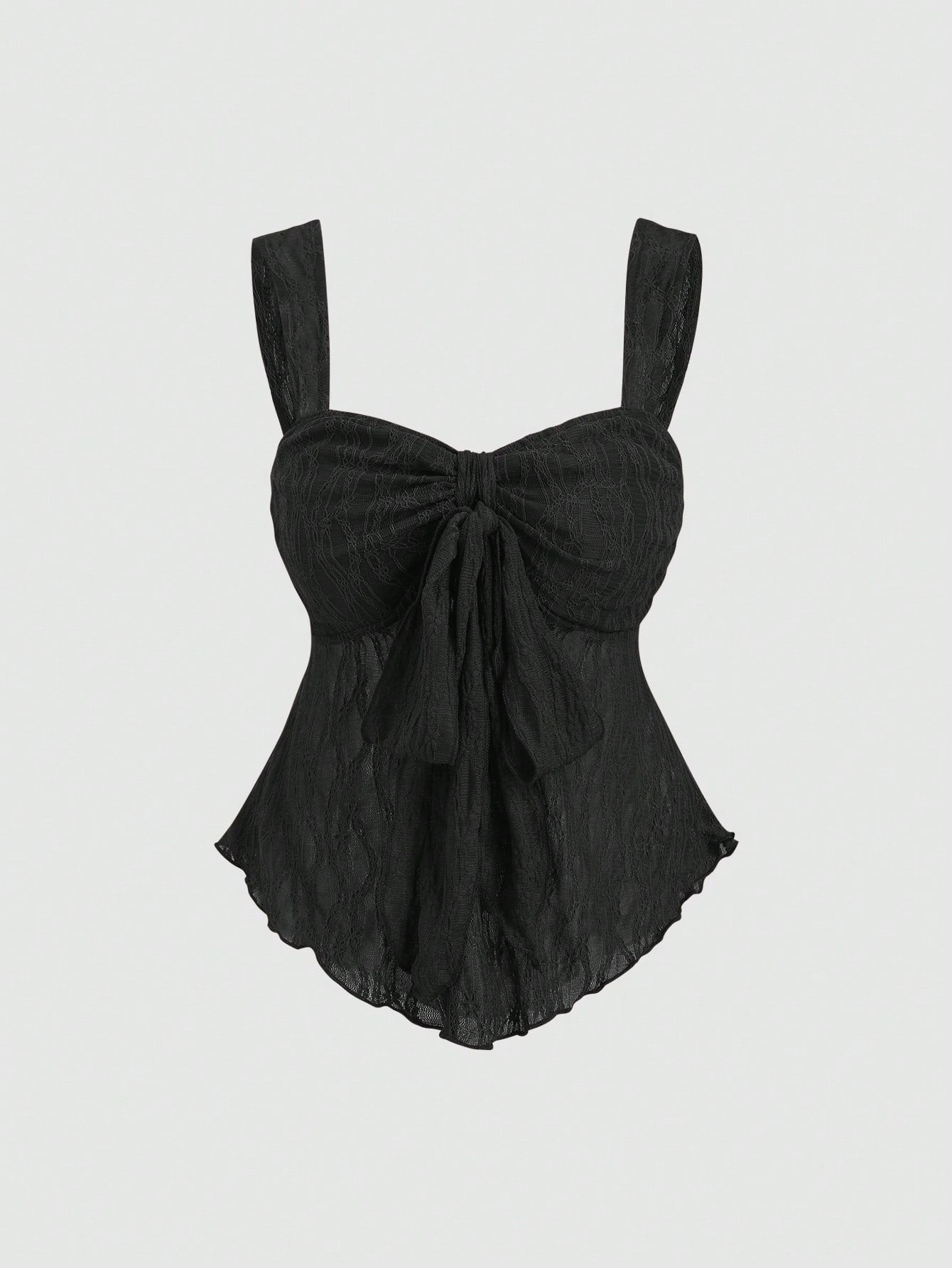 A black crinkled lace camisole top with wide shoulder straps, a sweetheart neckline, and a large front bow detail, shown against a light gray background.