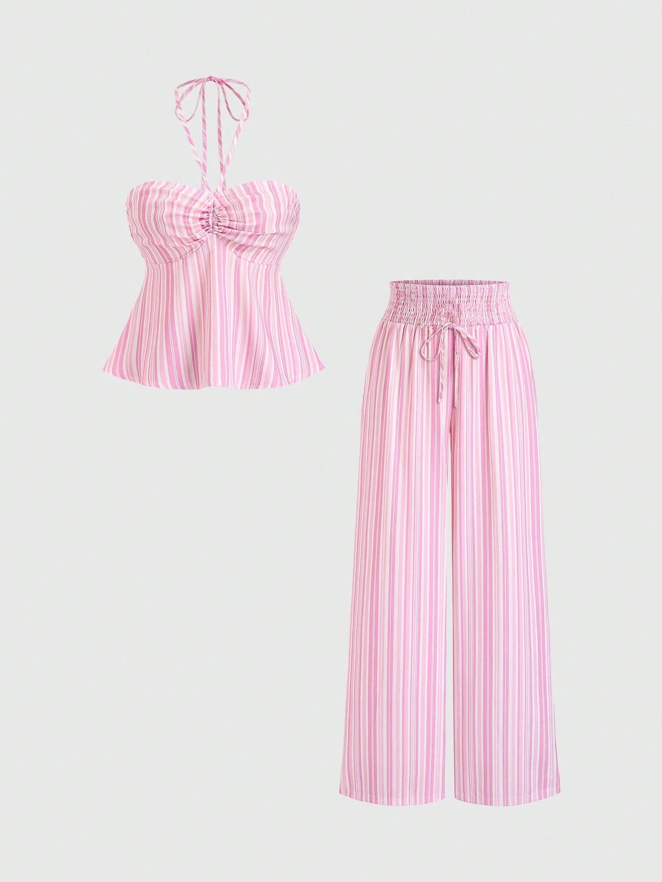 A two-piece women's outfit set featuring a pink and white vertically striped halter crop top with a sweetheart neckline and ruffled bust, paired with matching wide-leg cropped pants with a drawstring waist.