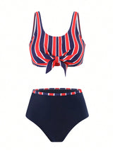 SHEIN Swim 2pcs/Set Women Striped Random Print Front Cross Triangle Bikini Swimwear Set