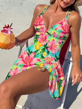 Swim&nbsp;Lushoire Women's Summer Beach Floral Print Drawstring Criss-Cross V-Neck Ruffle Skort Swimsuit Cover Up BY SHEIN