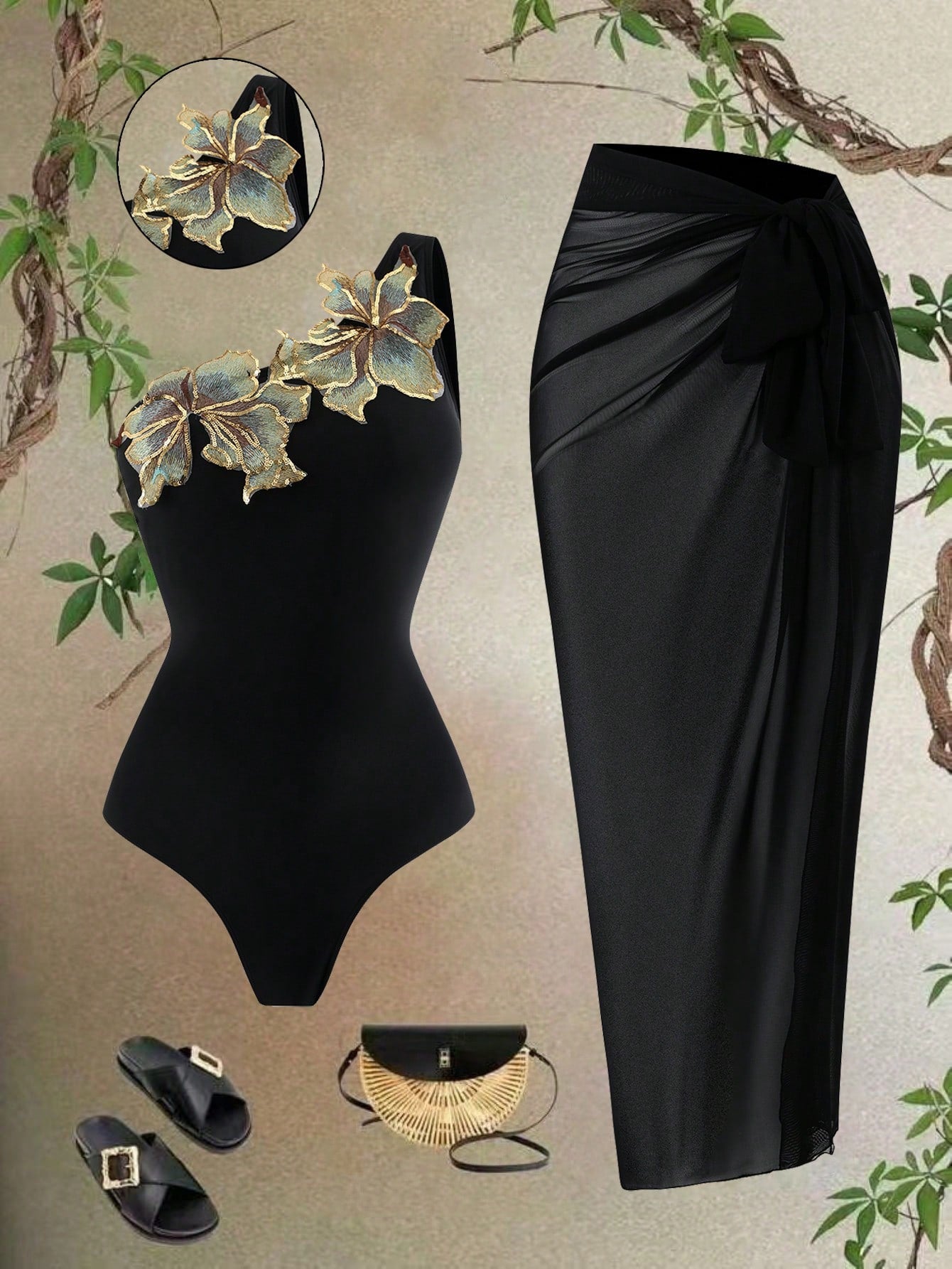 Black swimsuit, black skirt, sandals, and handbag on a beige background with floral accents.